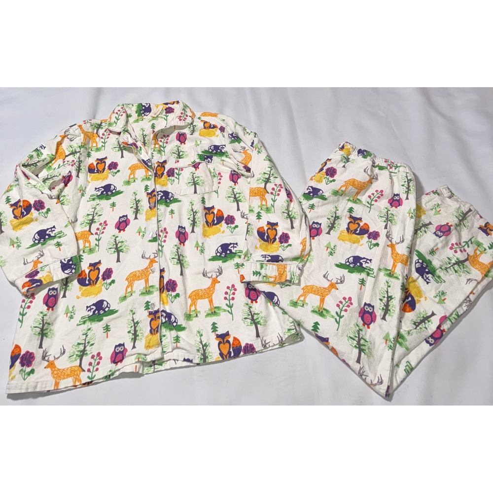 La‎ Cera Womens Flannel Pajama Set Large White Woodland Fox Owl Deer Cotton PJ